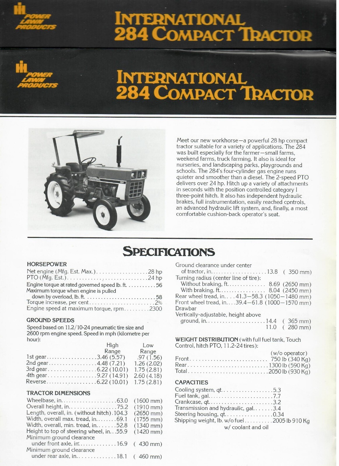 2- INTERNATIONAL 284 COMPACT TRACTOR SPEC. SHEETS AD-32517-F1