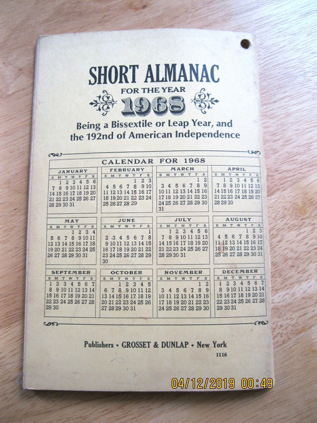 Booklet Baer’s Agricultural Almanac for the Year 1968 with Weather Forcasts