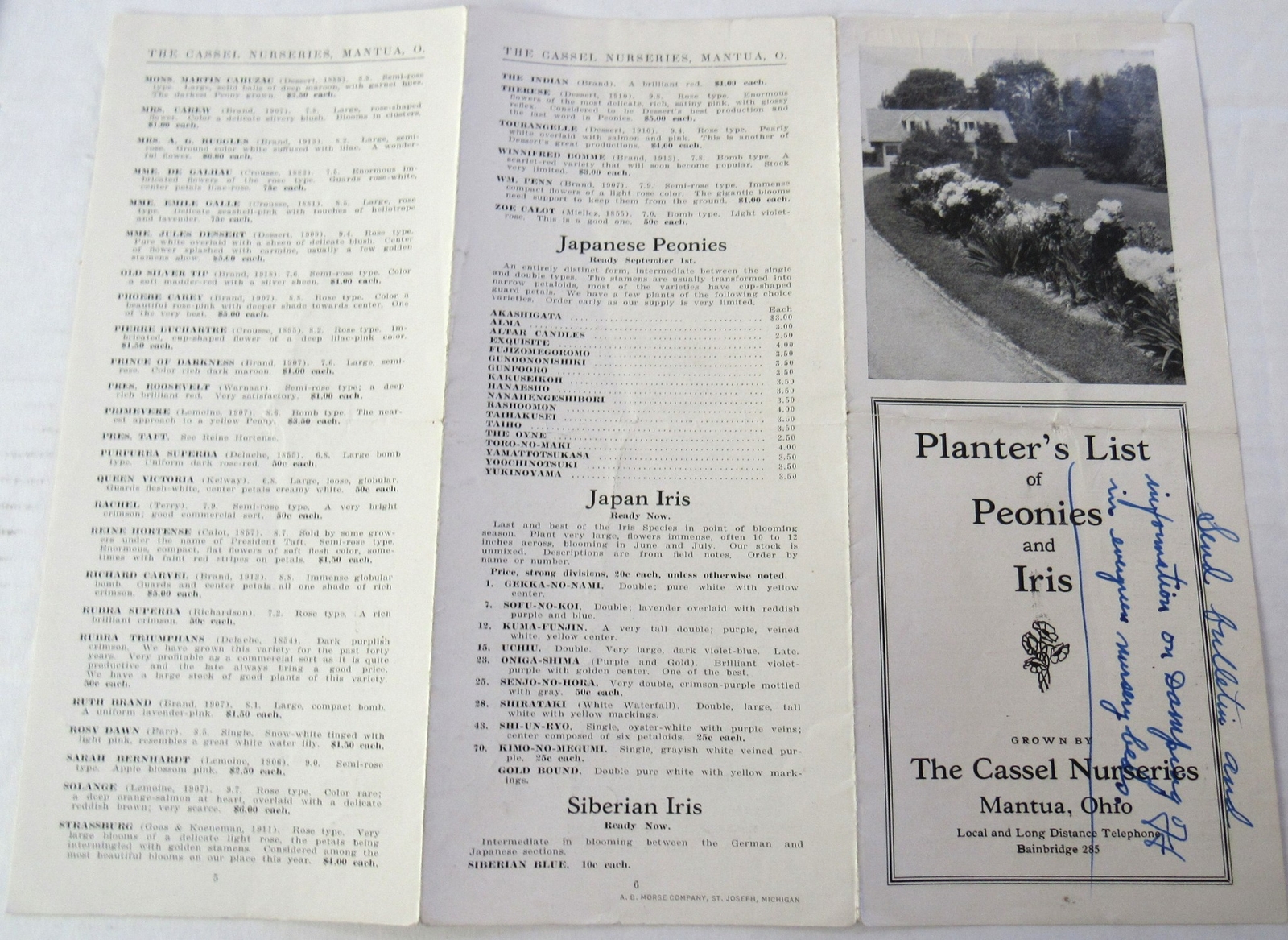 c1920 Planter’s List Peonies Iris FLowers Cassel Nurseries Mantua Ohio Ad Order