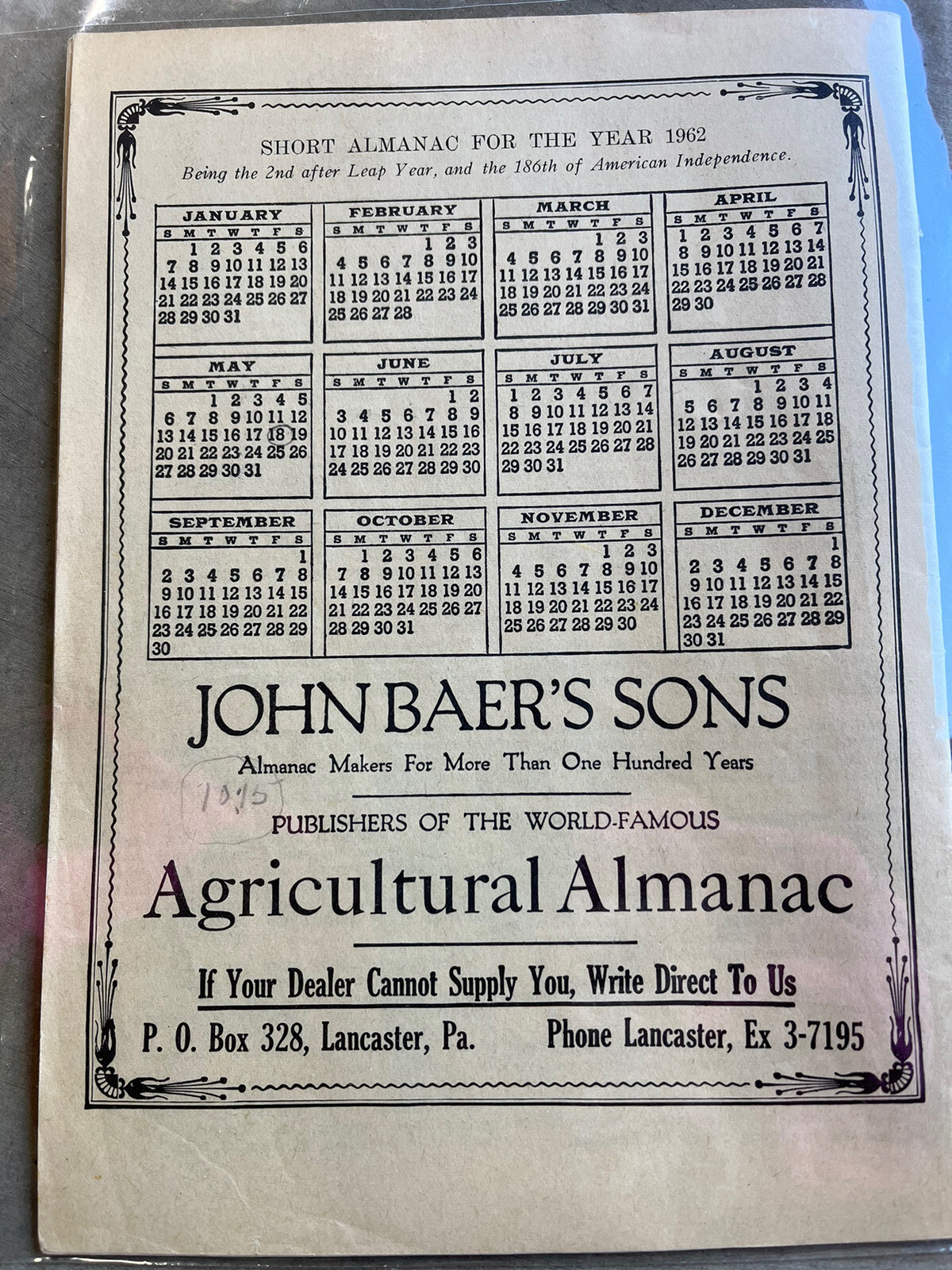 VINTAGE FARMERS AGRICULTURAL ALMANACS, BAER’S LANCASTER PA 1962