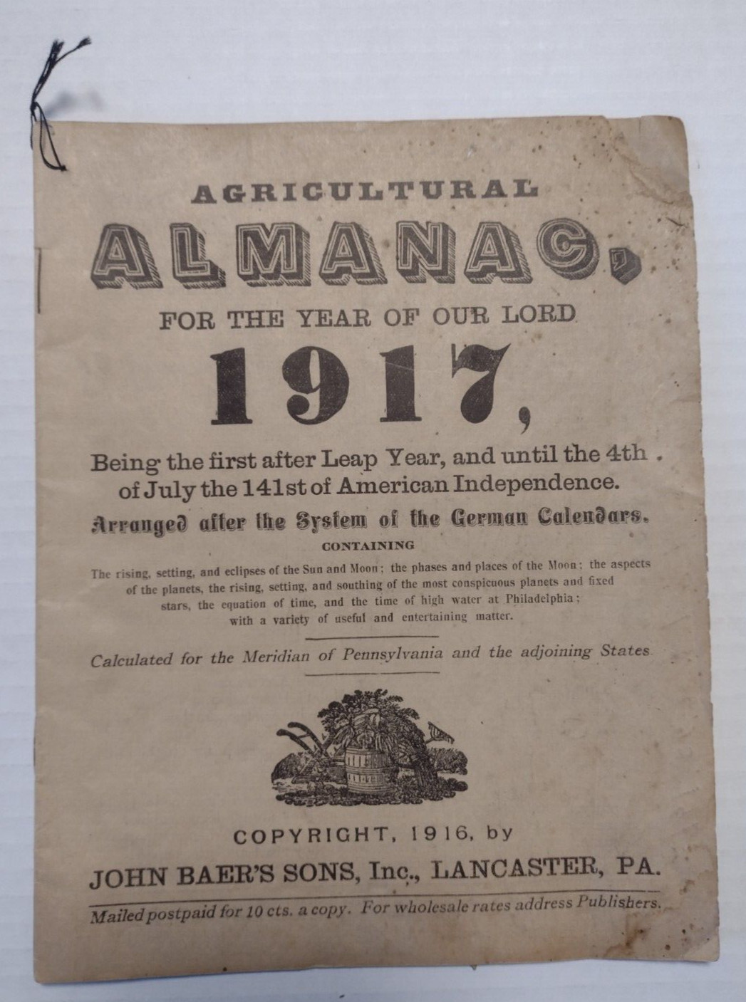 1917 John Baer’s Sons Lancaster, PA Agricultural Almanac
