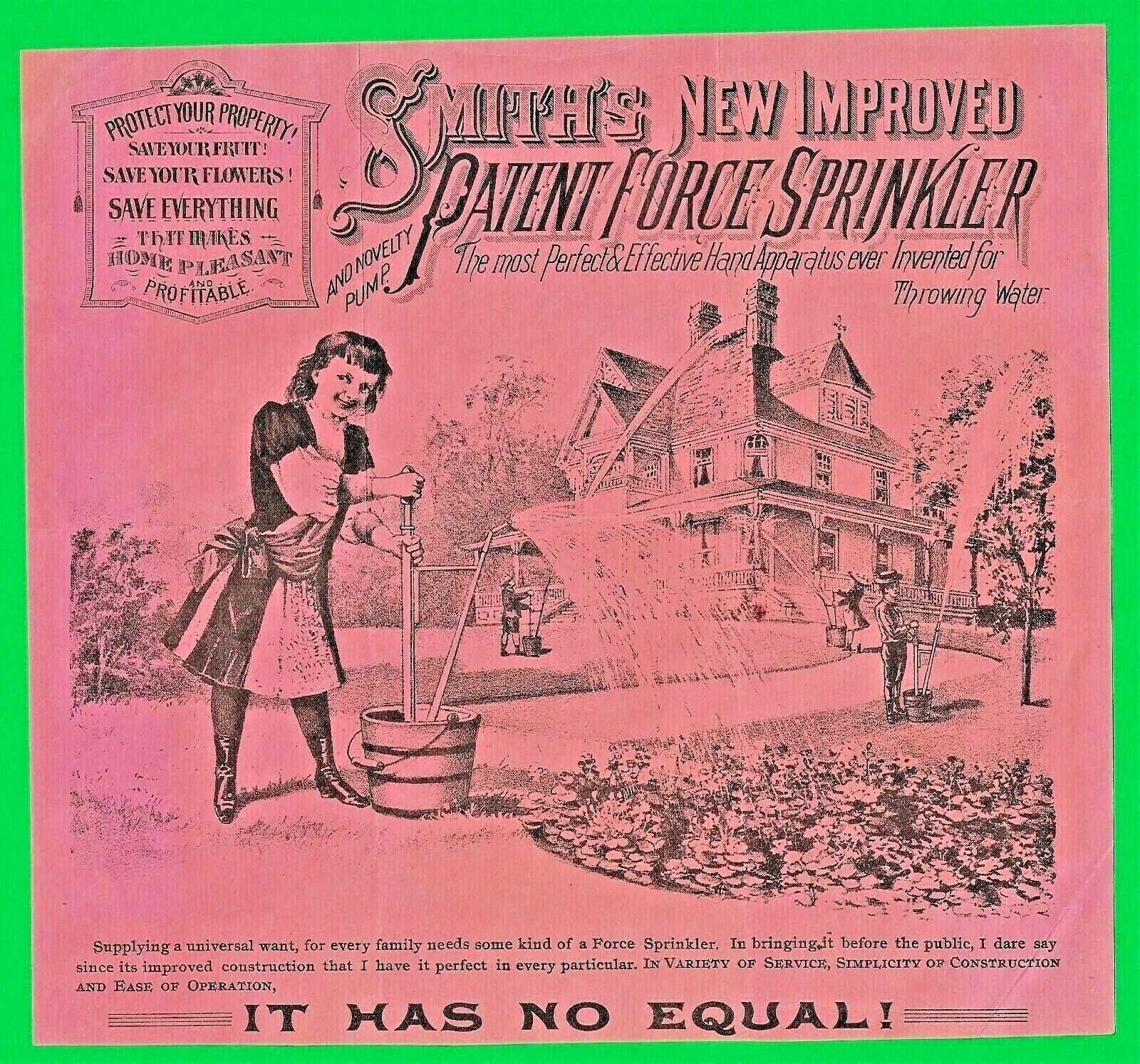 c1897 AD HANDOUT ~ SMITH’S NEW IMPROVED PATENT FORCE SPRINKLER & NOVELTY PUMP