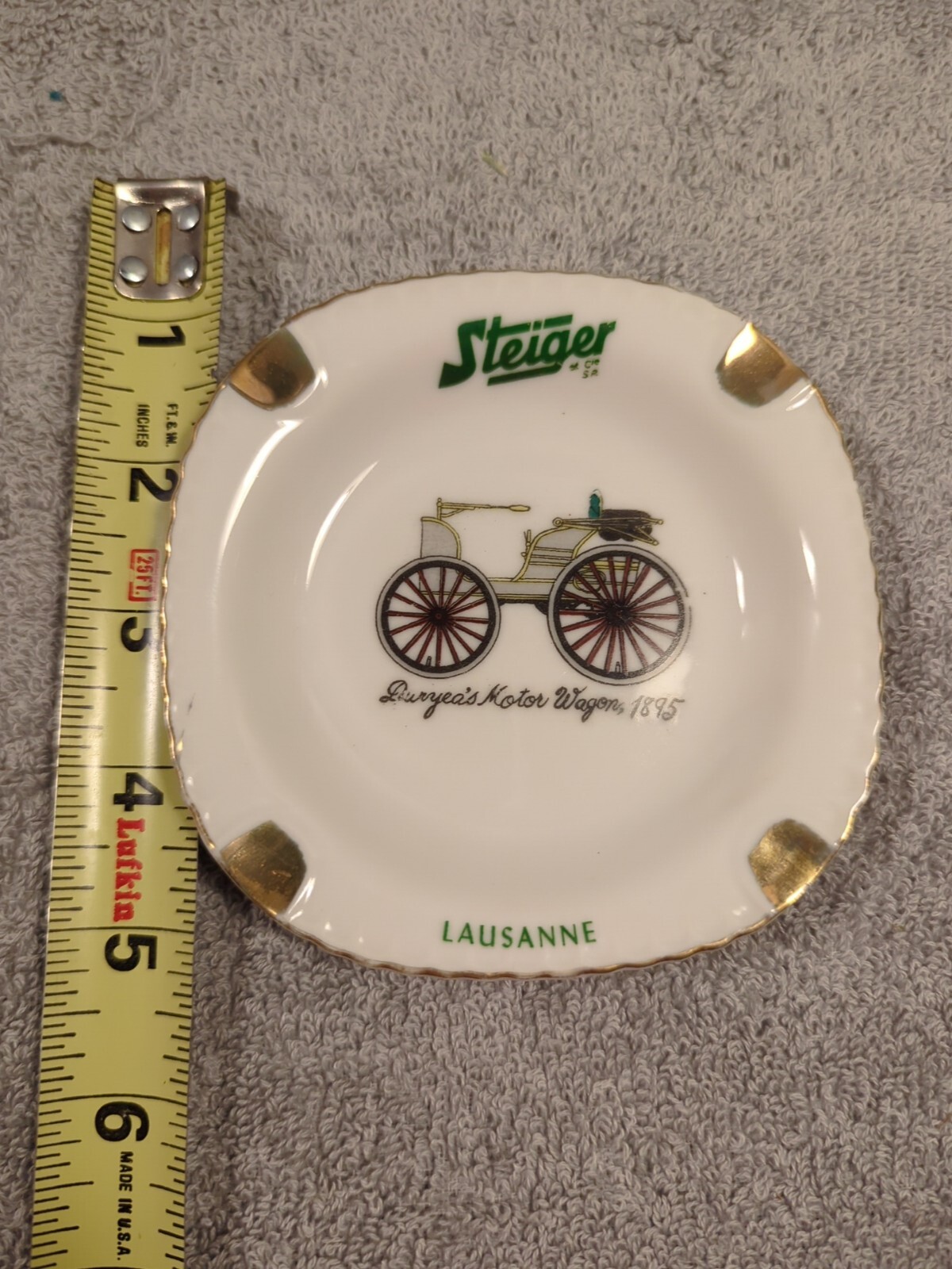 Steiger Ceramic Ash Tray, Duryea’s Motor Wagon. “Lausanne” Gold Color Edging