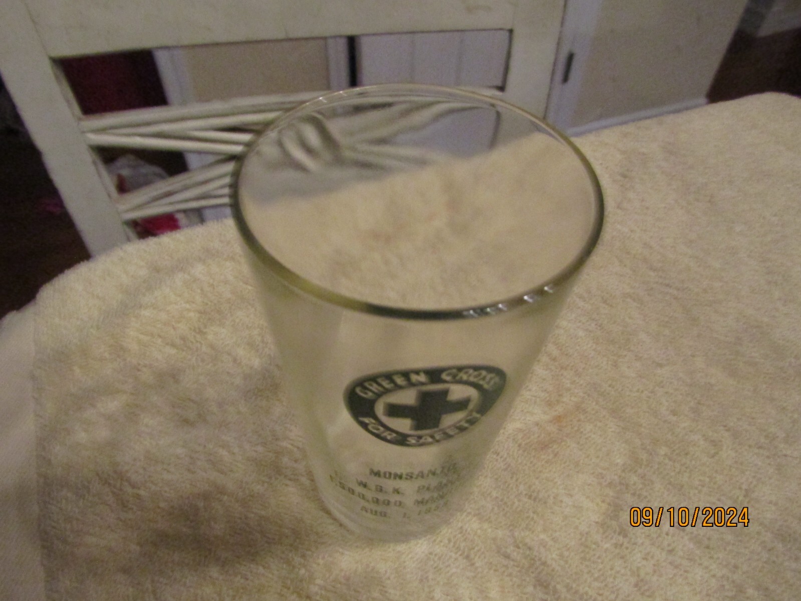 Vintage Monsanto WGK Plant 1500000 Manhours 1958 Green Cross For Safety 4″ Glass