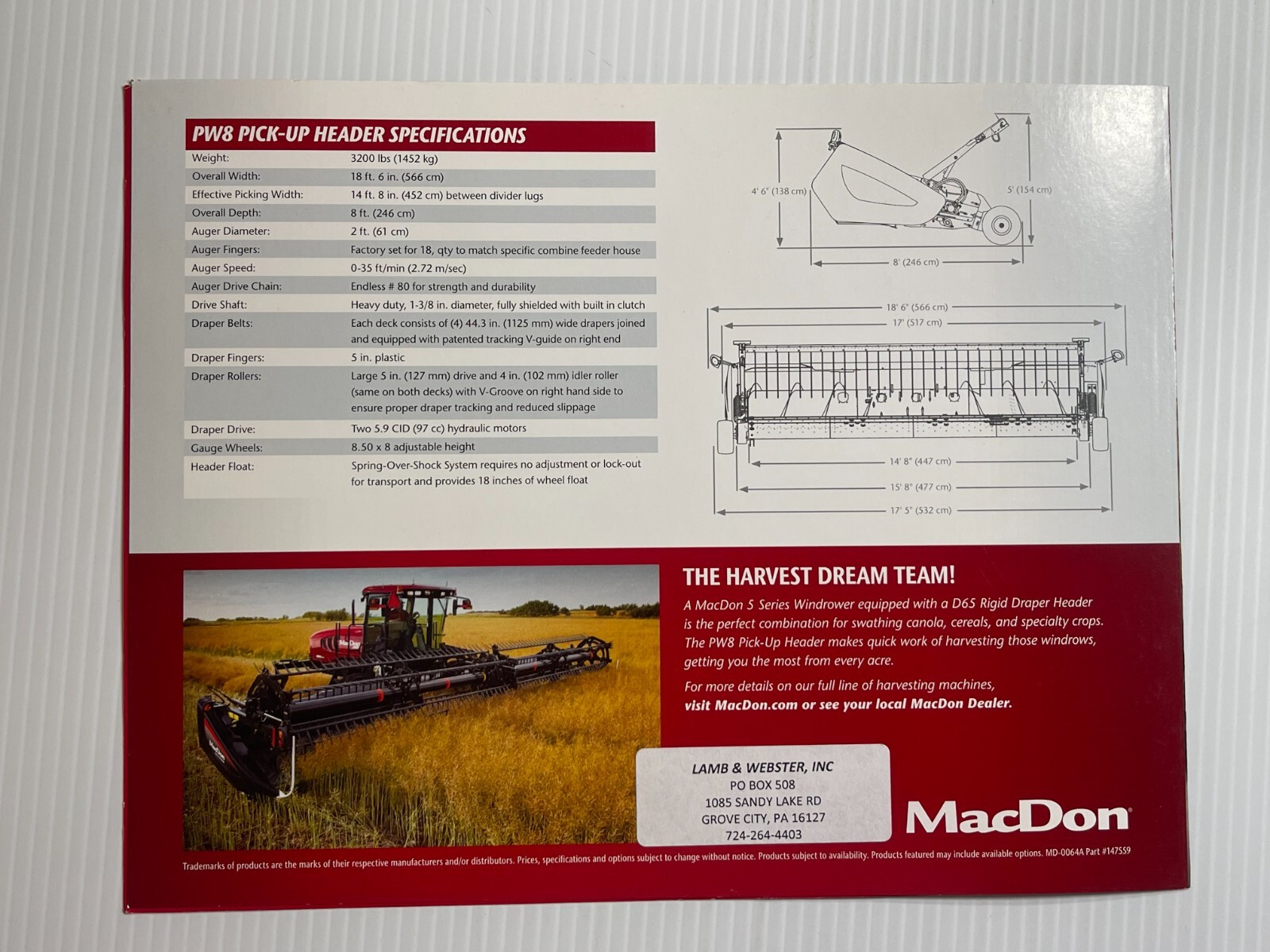 MacDon PW8 Pick Up Header Sales Brochure *2010s* (Showroom Sales Book)