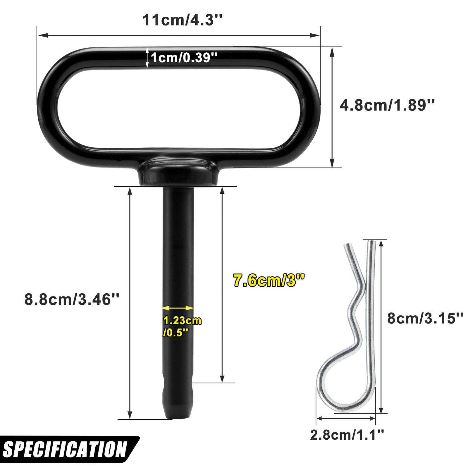 CZC AUTO 2 Pack Hitch Pin 1/2 x 3 Inch Lawn Mower Trailer 1/2inch, Black