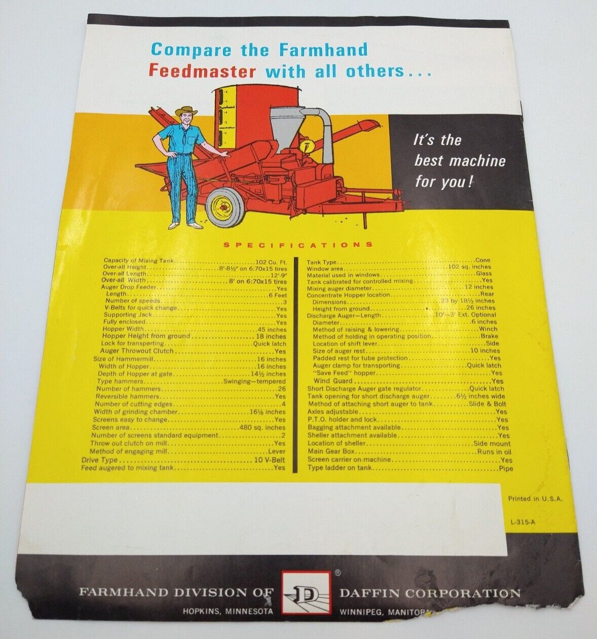 VTG 1960s Farmhand Feedmaster Dealer Sales Brochure 8 pg 8.5″x11″ Grinder Mixer