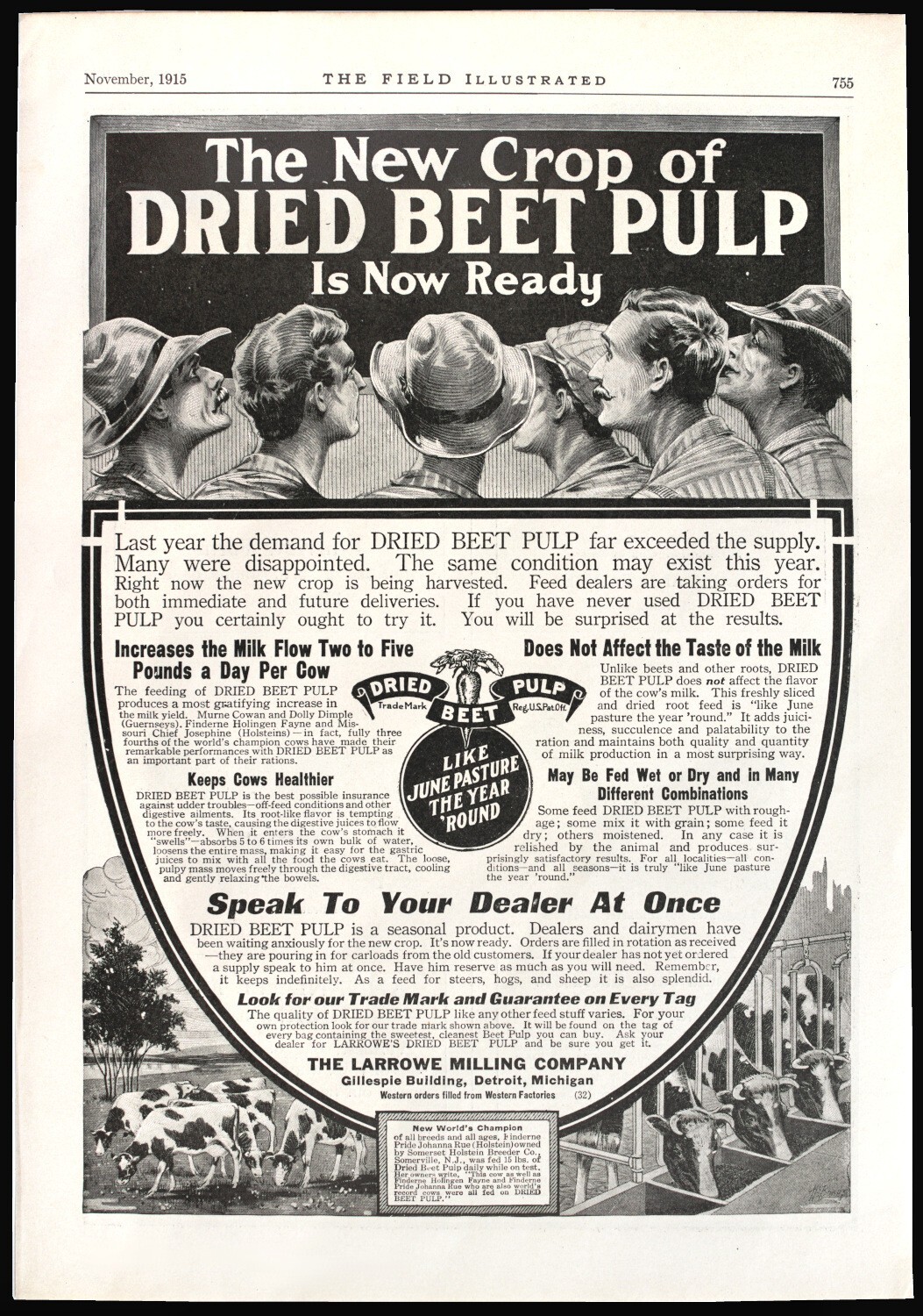 Vintage 1915 DRIED BEET PULP Dairy Farm Larrowe Milling Co. Antique PRINT AD #1