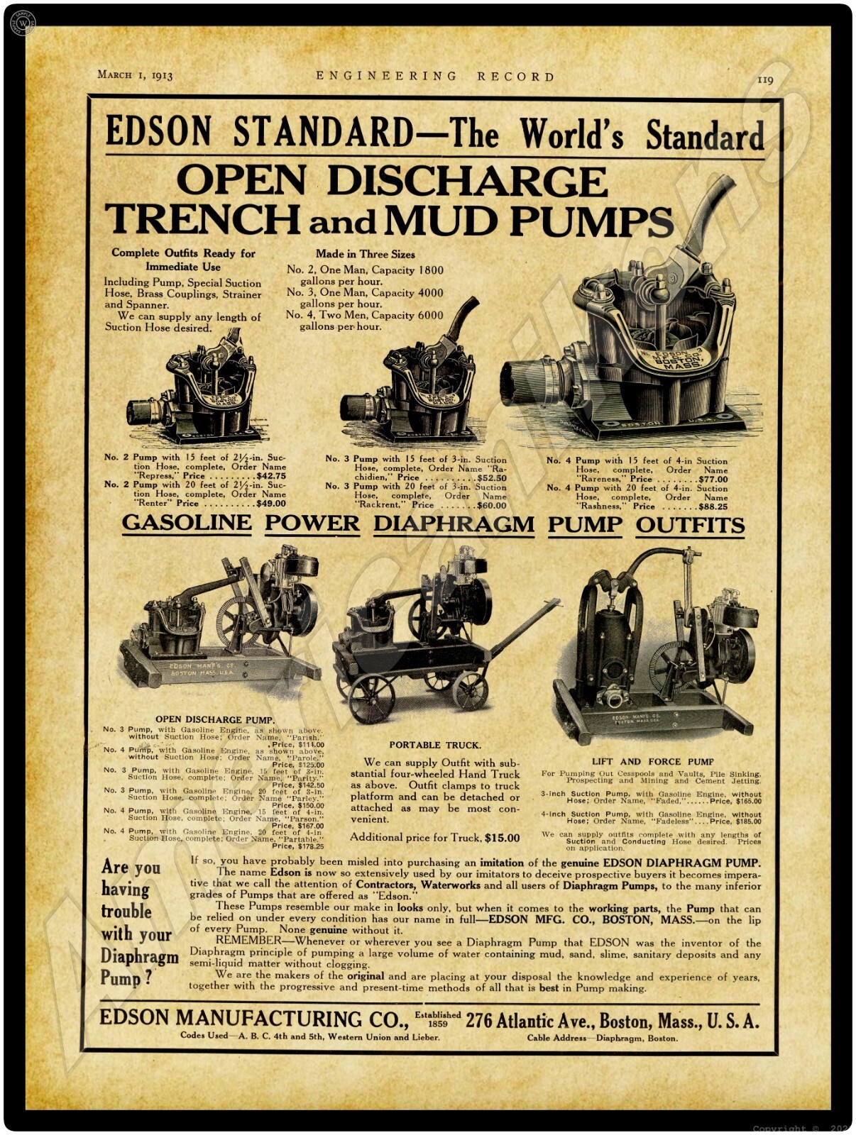 1913 Edson Standard New Metal Sign: Trench & Mud Pumps – Boston, Massachusetts