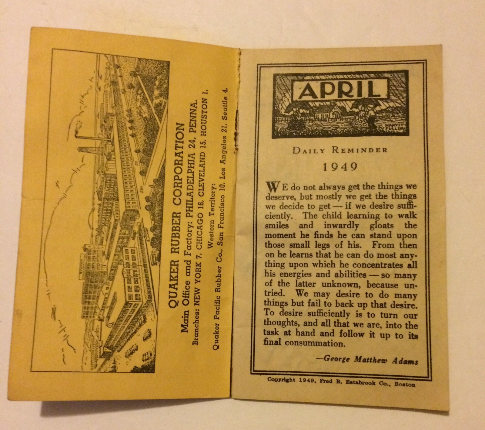1949 “Your Quaker Friendly Daily Reminder” Booklet Quaker Rubber Corporation