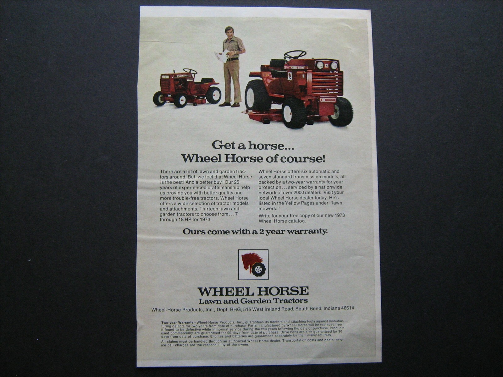 1973 Wheel Horse Garden & Lawn Tractor’s w/mower deck-vintage ’73 ad from estate