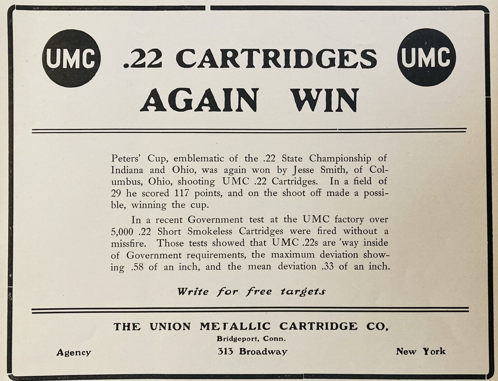 1909 AD.(XH77)~UNION METALLIC CARTRIDGE CO. BRIDGEPORT, CONN. .22 CARTRIDGES