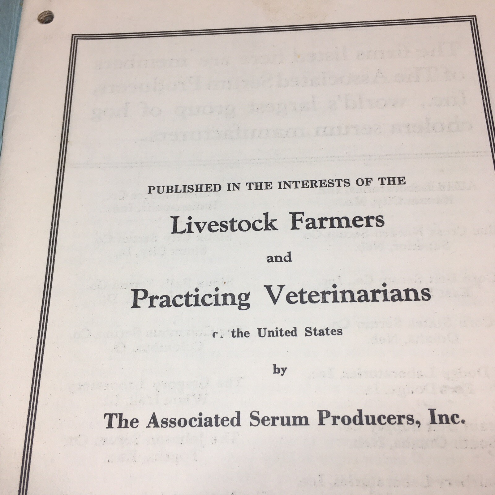 Vintage Agricultural Advertising for Associated Serum 1935 Livestock Handbook