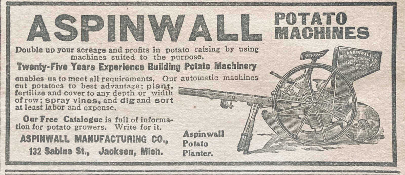 1906 AD(XH36)~ASPINWALL MFG. CO. JACKSON, MI. ASPINWALL POTATO MACHINES