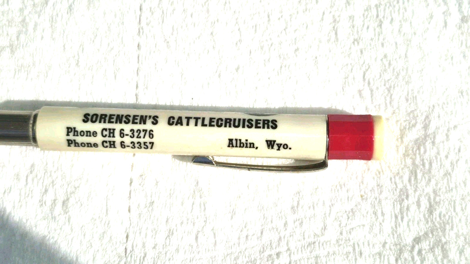 “Sorensen’s CATTLECRUISERS * Phone CH 6-2276/3357 * Albin, Wyo.” Bullet Pen