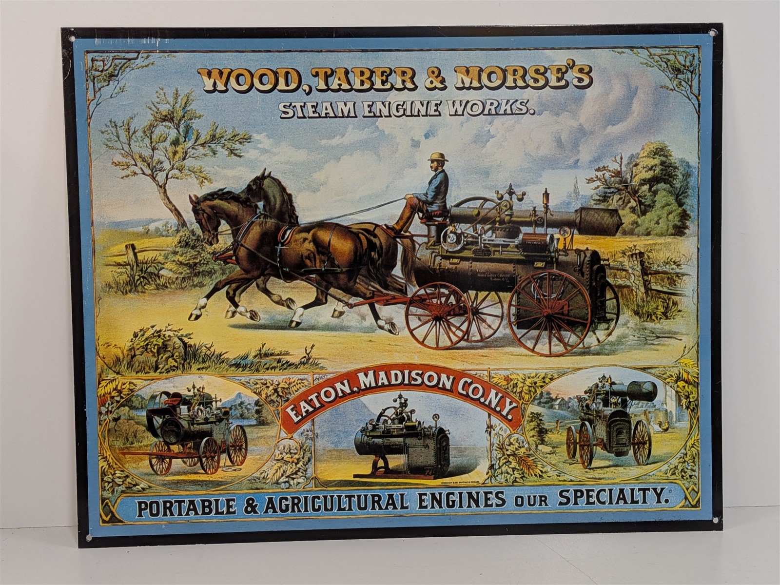 Wood, Taber & Morse’s Steam Engine Works 14-7/8″ Tin Sign Repro