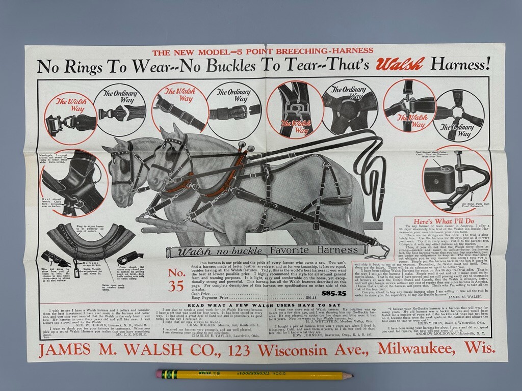 1928 James Walsh HORSE HARNESS Collars FARM Advertising MILWAUKEE Wisconsin
