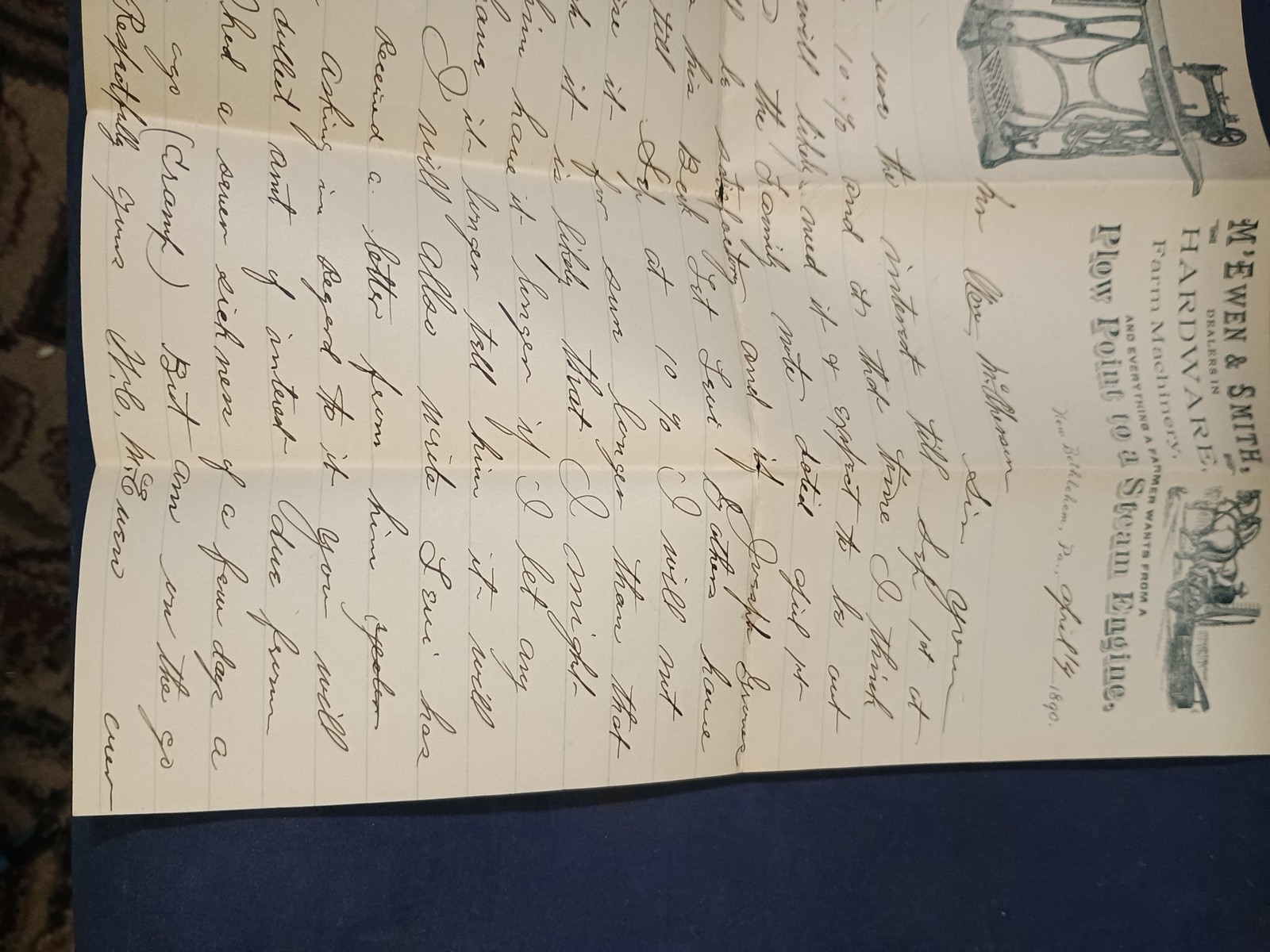 Vintage 1890 M’EMEN & SMITH Farm Implements,Letter & Envelope