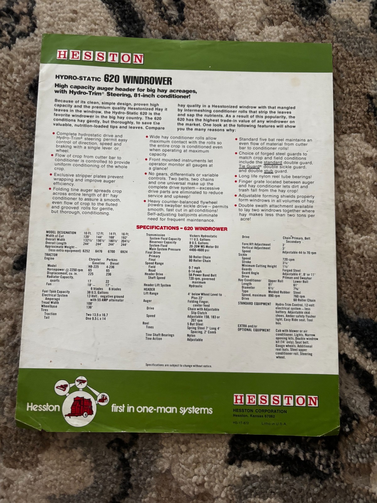 Hesston 820 Windrower For 1972 Brochure DCPA26