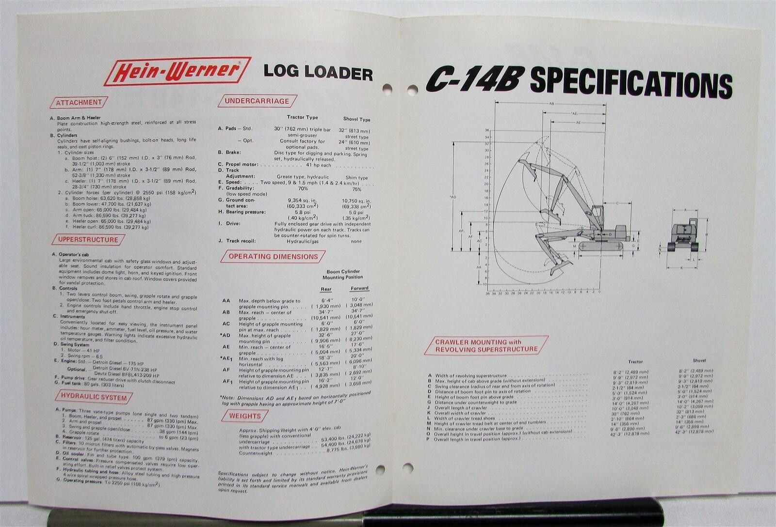 1981 Hein Werner C-14B Woods Boss Log Loader Specs Construction Sales Brochure