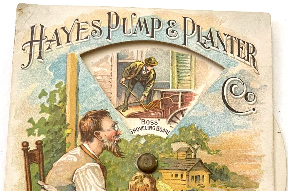 Clever Victorian Trade Card “Hayes Pump & Planter Co.” Wheel Showing Products *