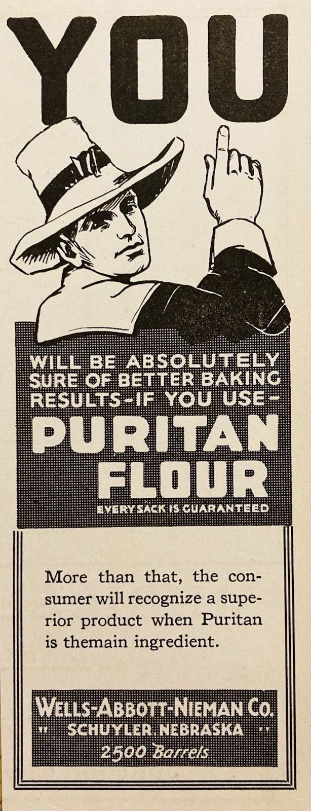 1919 AD.(PC9)~WELLS-ABBOTT-NIEMAN CO. SCHUYLER, NEB. PURITAN BRAND FLOUR