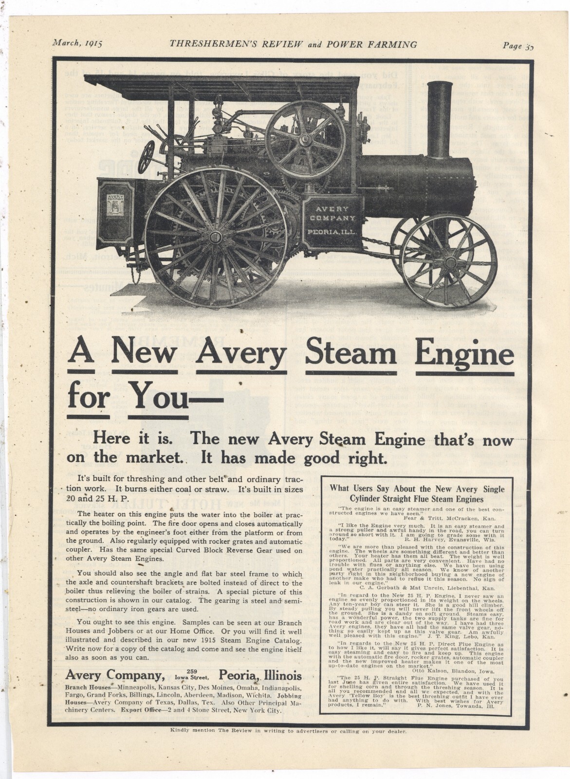 1915 Avery Co. Ad: Single Cylinder Straight Flue Steam Engine – Peoria, Illinois