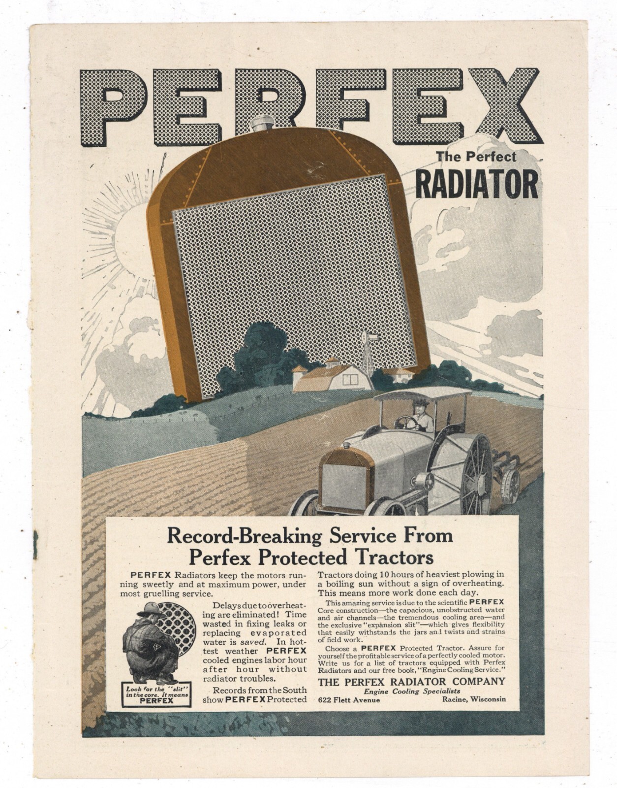 1918 Perfex Radiator Company Ad: Tractor Radiators – Flett Ave. Racine Wisconsin