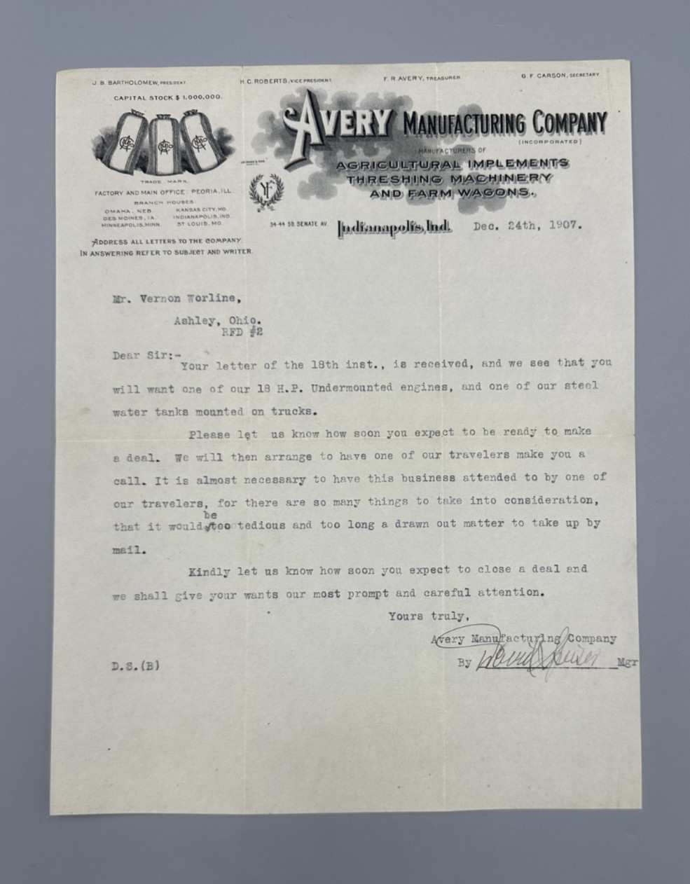 1907 AVERY Manufacturing Letter FARM Advertising INDIANAPOLIS Threshing WAGONS
