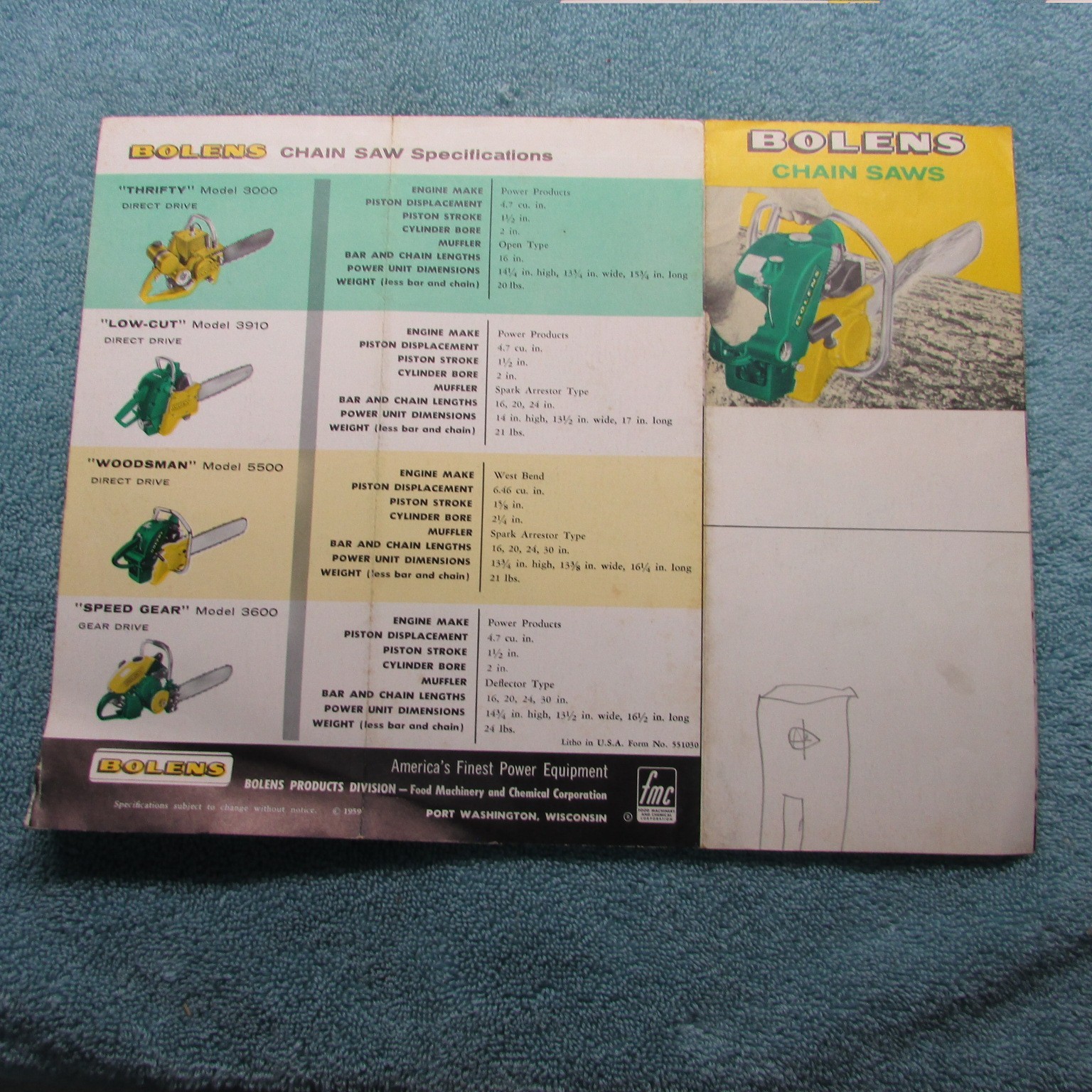 Bolens Chainsaw Brochure: 1959 Models 3000, 3910, 5500, 3600