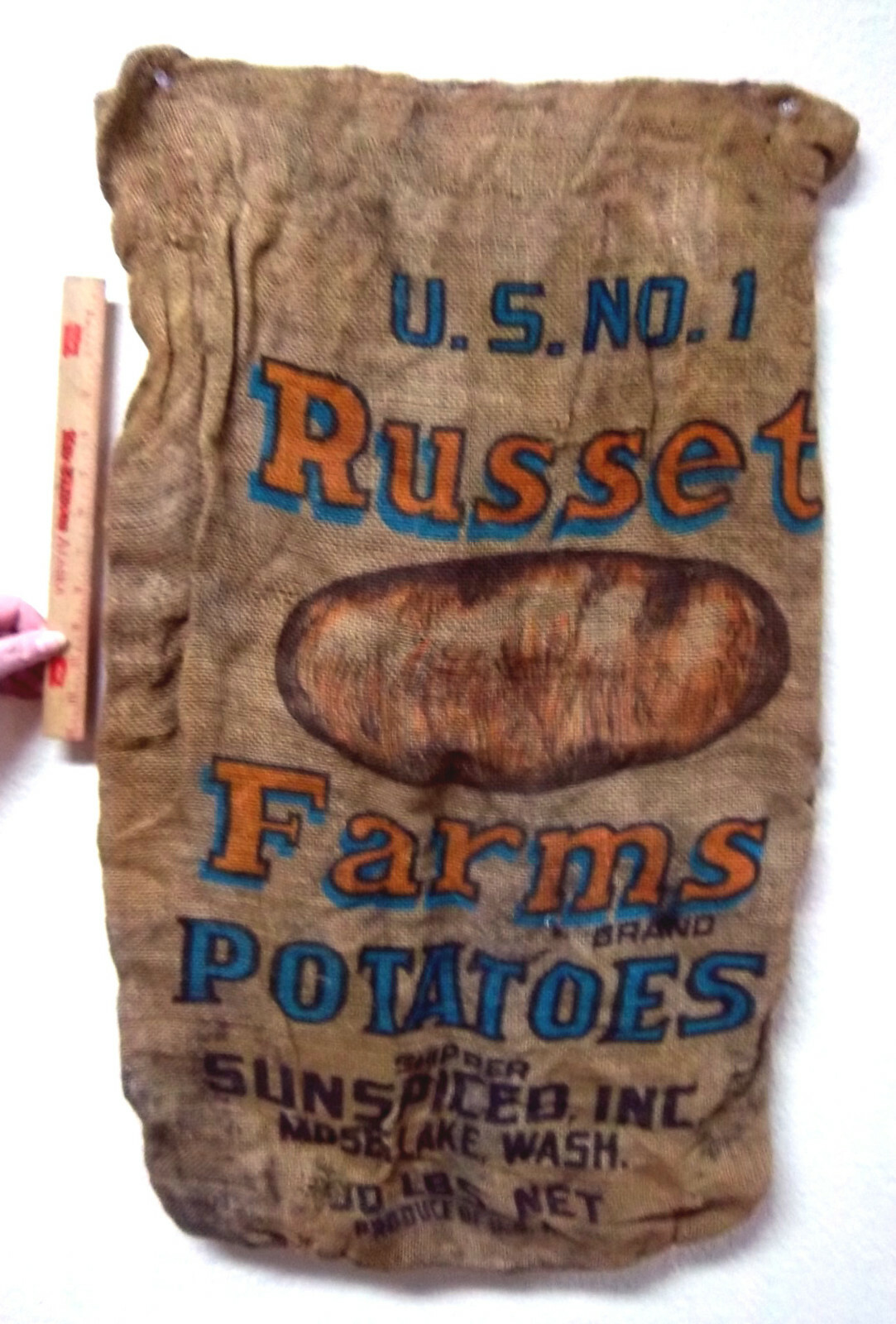 Russet Farms US no. 1 Potatoes (EMPTY) Burlap Bag, great home decor item 33 x 18