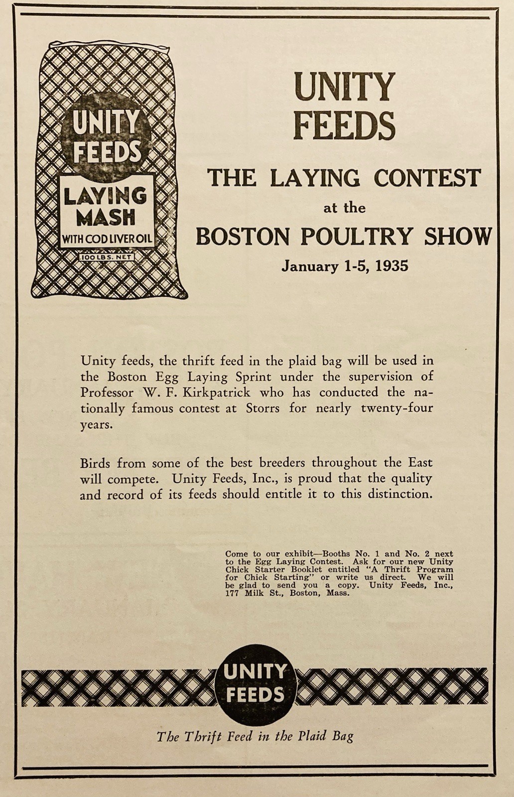 1934 AD.(XH82)~UNITY FEEDS CO. MILK ST. BOSTON. UNITY FEEDS LAYING MASH