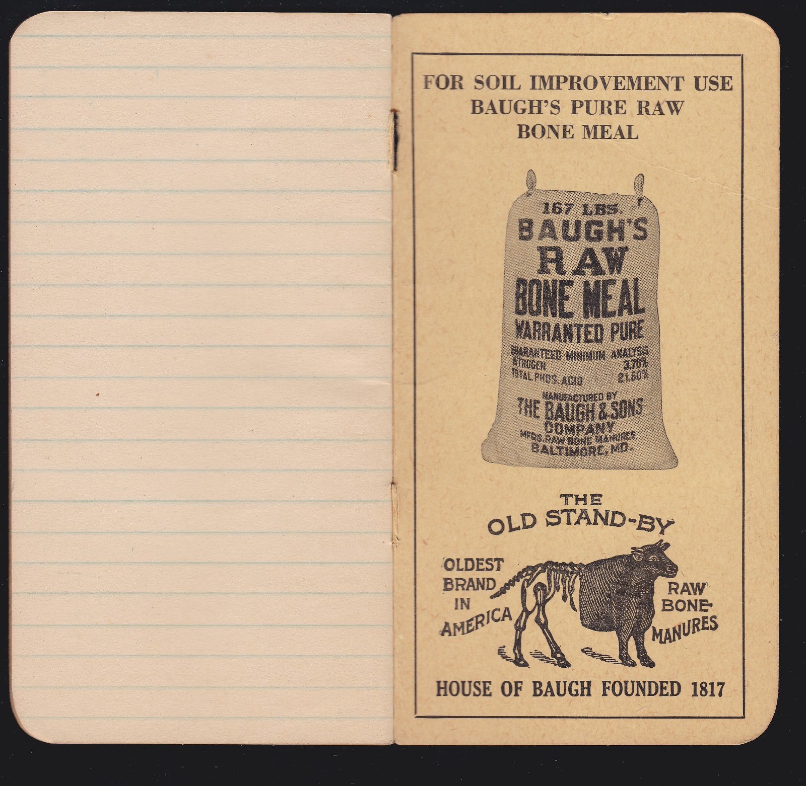 US Vintage ” The Baugh & Sons Co.” Raw Bone Manures Advertising Notebook
