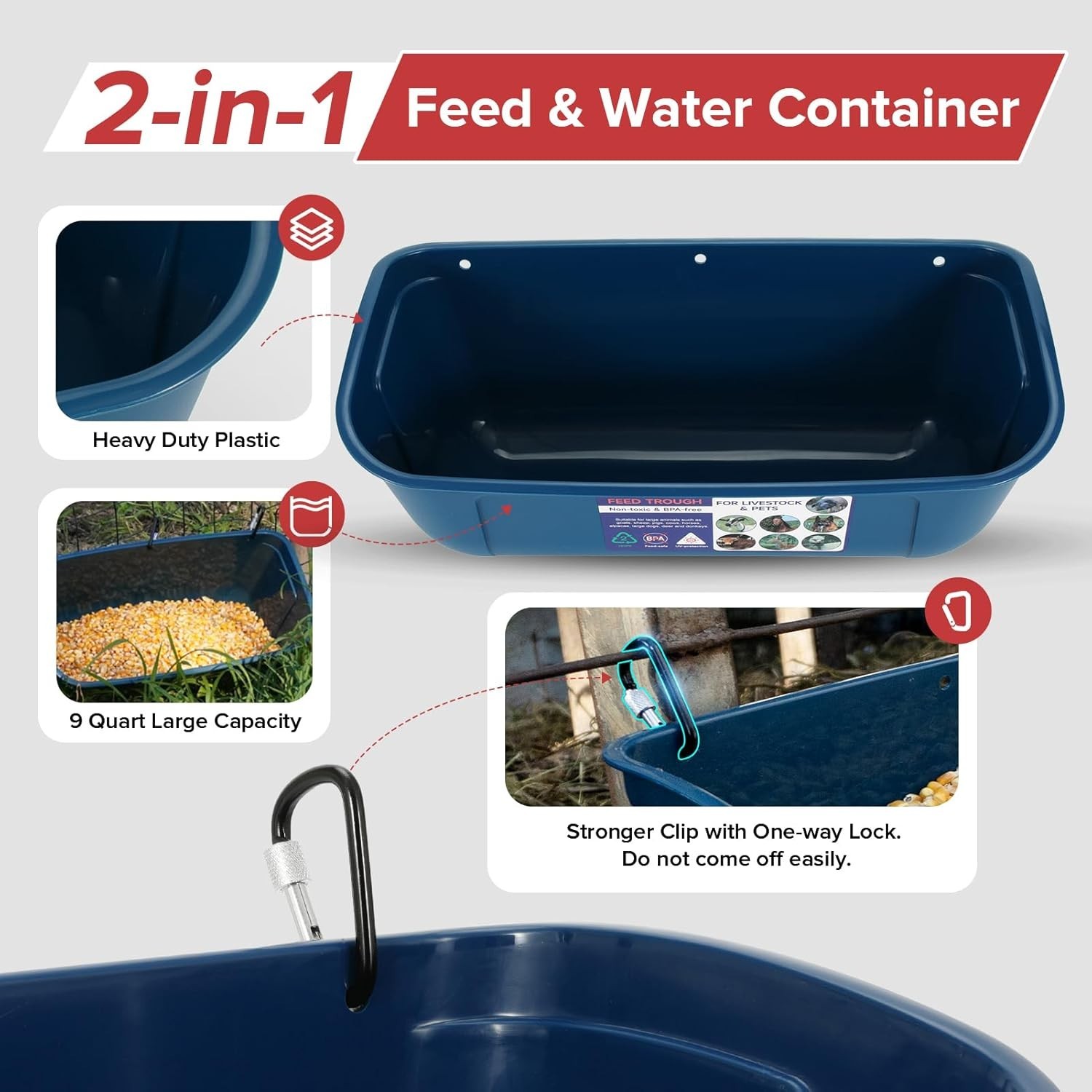 Comprehensive 2 Pack 9 Quart Livestock Feeders: Versatile & Safe Design