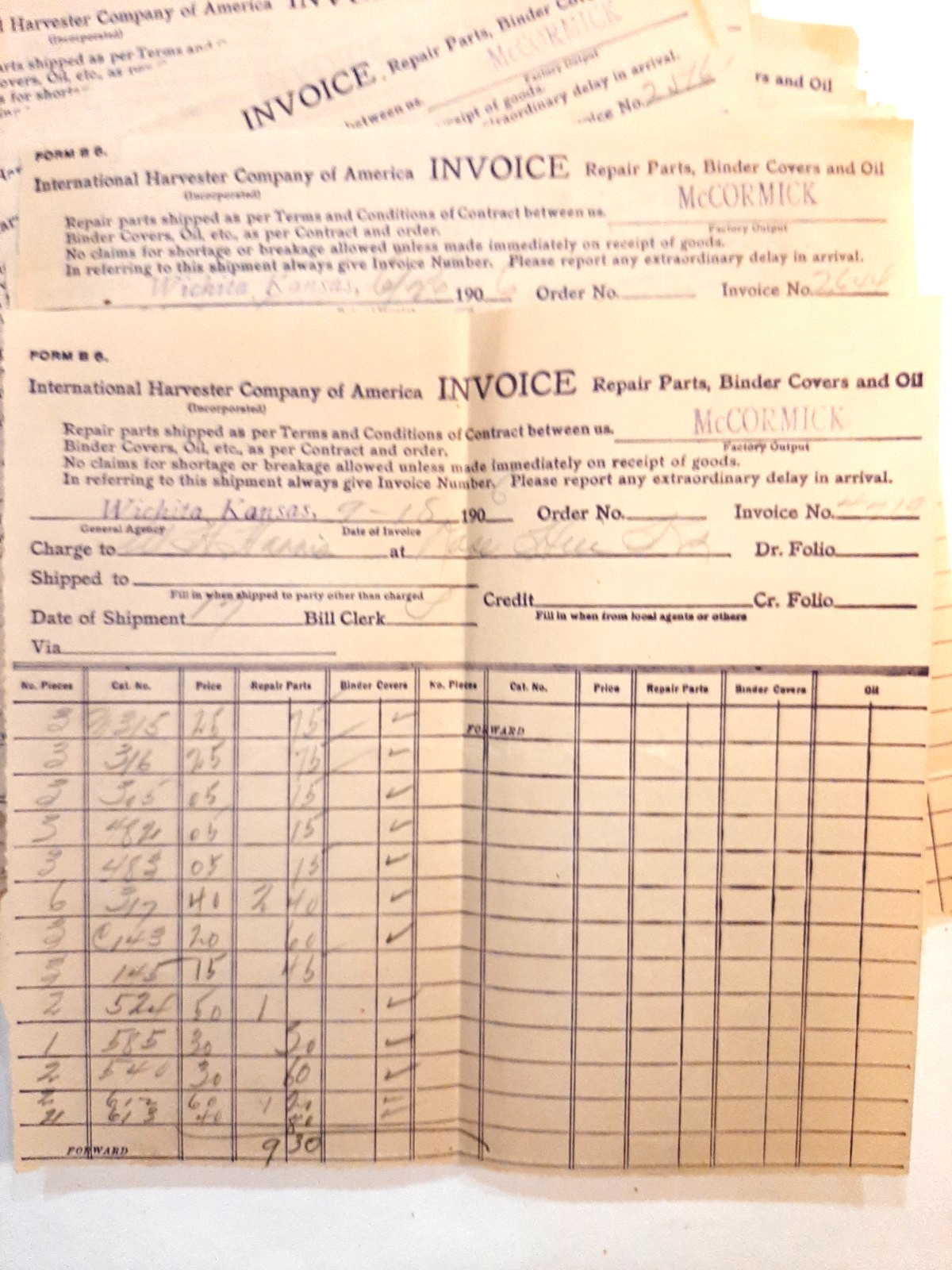 1906 International Harvester Co Invoices & Receipts Lot/30 pcs Wichita Kansas