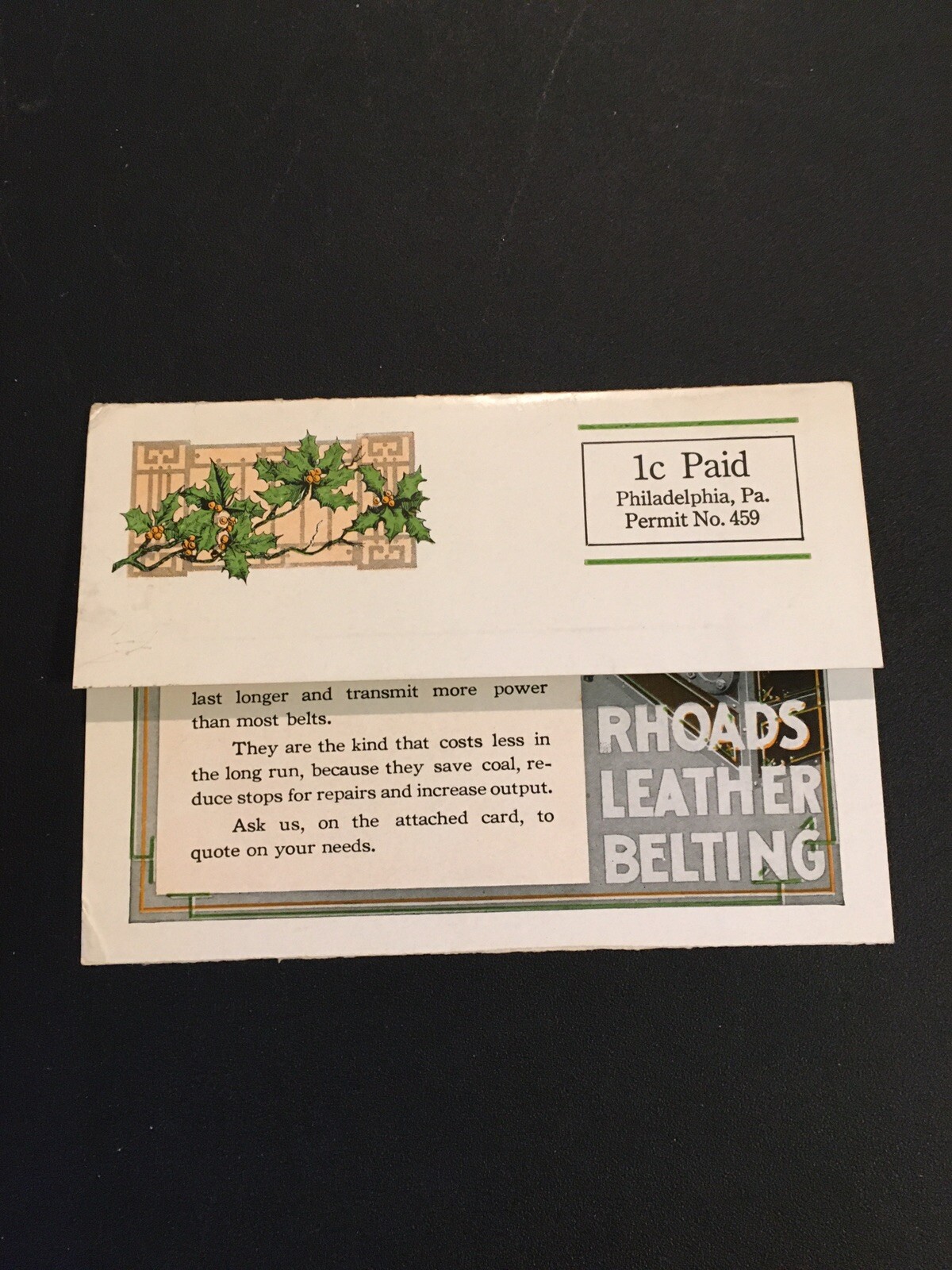 Lot Of 2 Rhoads & Sons Leather Belting Postal Ads Stamp Philadelphia