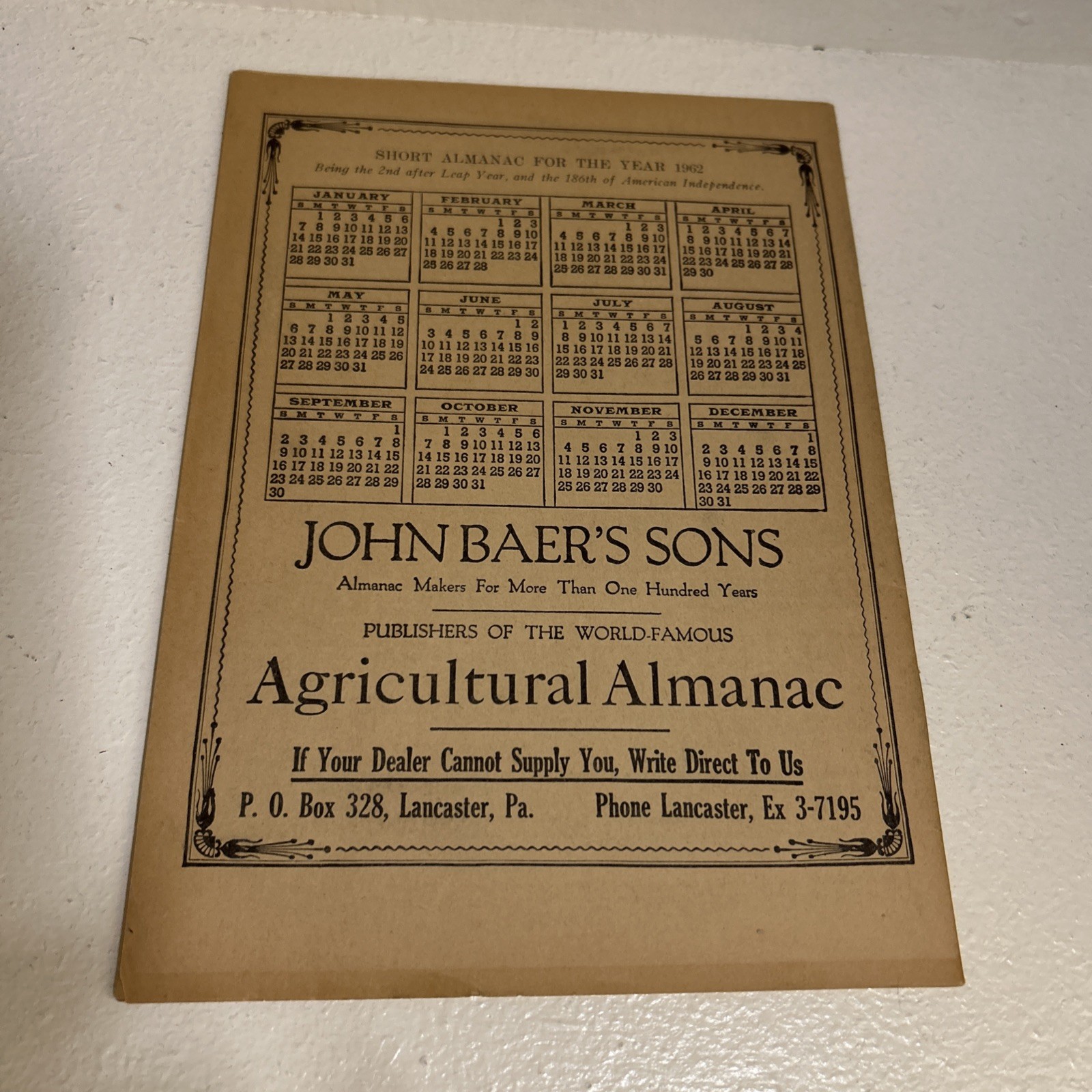 Vintage 1962 John Baer’s Sons Agricultural Almanac Lancaster PA Farmers Almanac