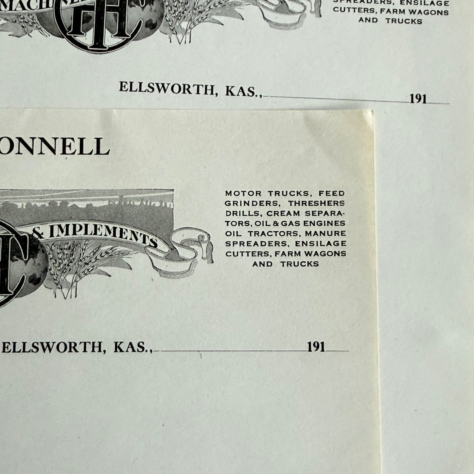 3 Vintage T.G. O’Donnell Letterhead Advertising Ellsworth KS Farm Implements