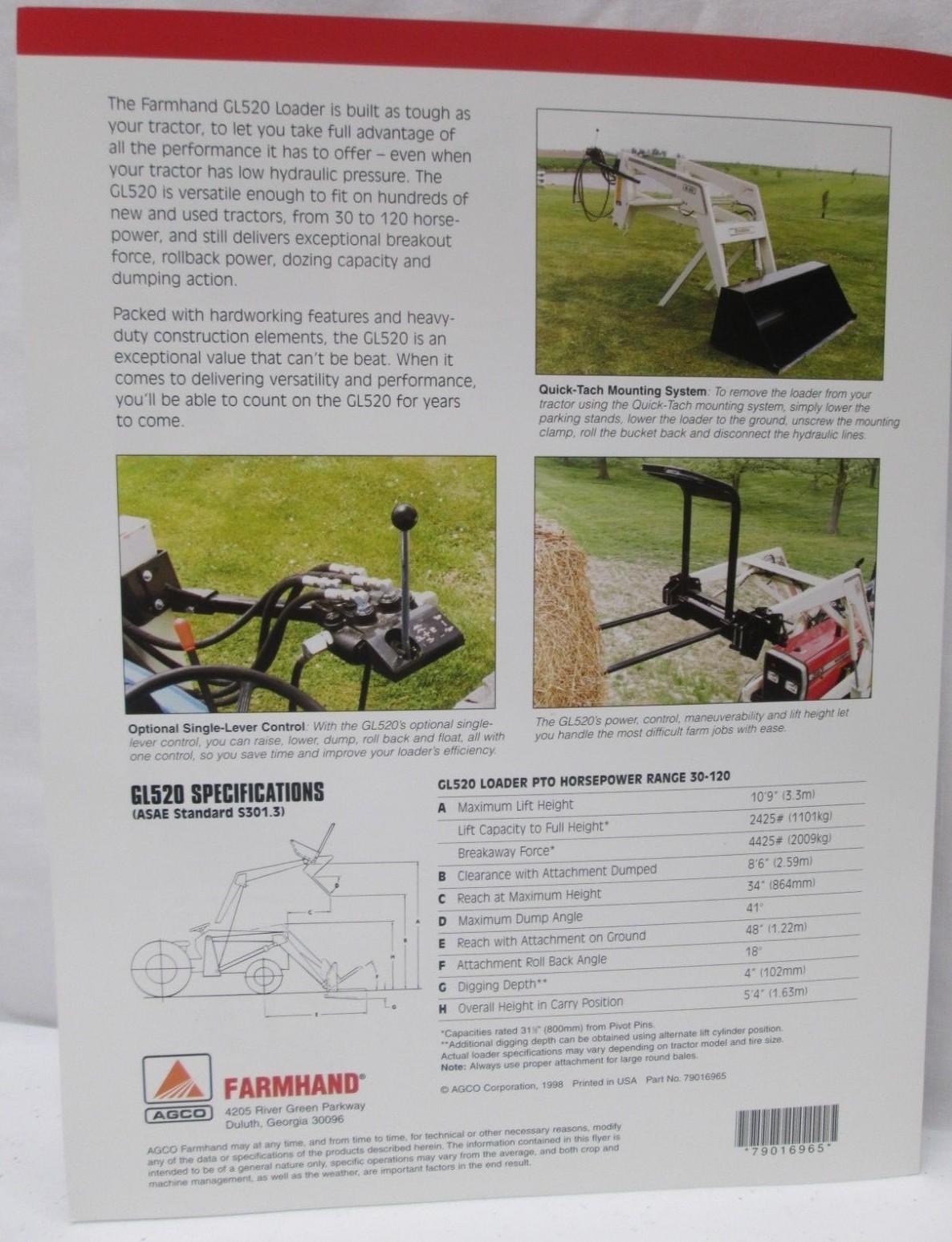 1998 AGCO Farmhand GL520 Loader Brochure Tractor Agriculture Farming Farm Hand