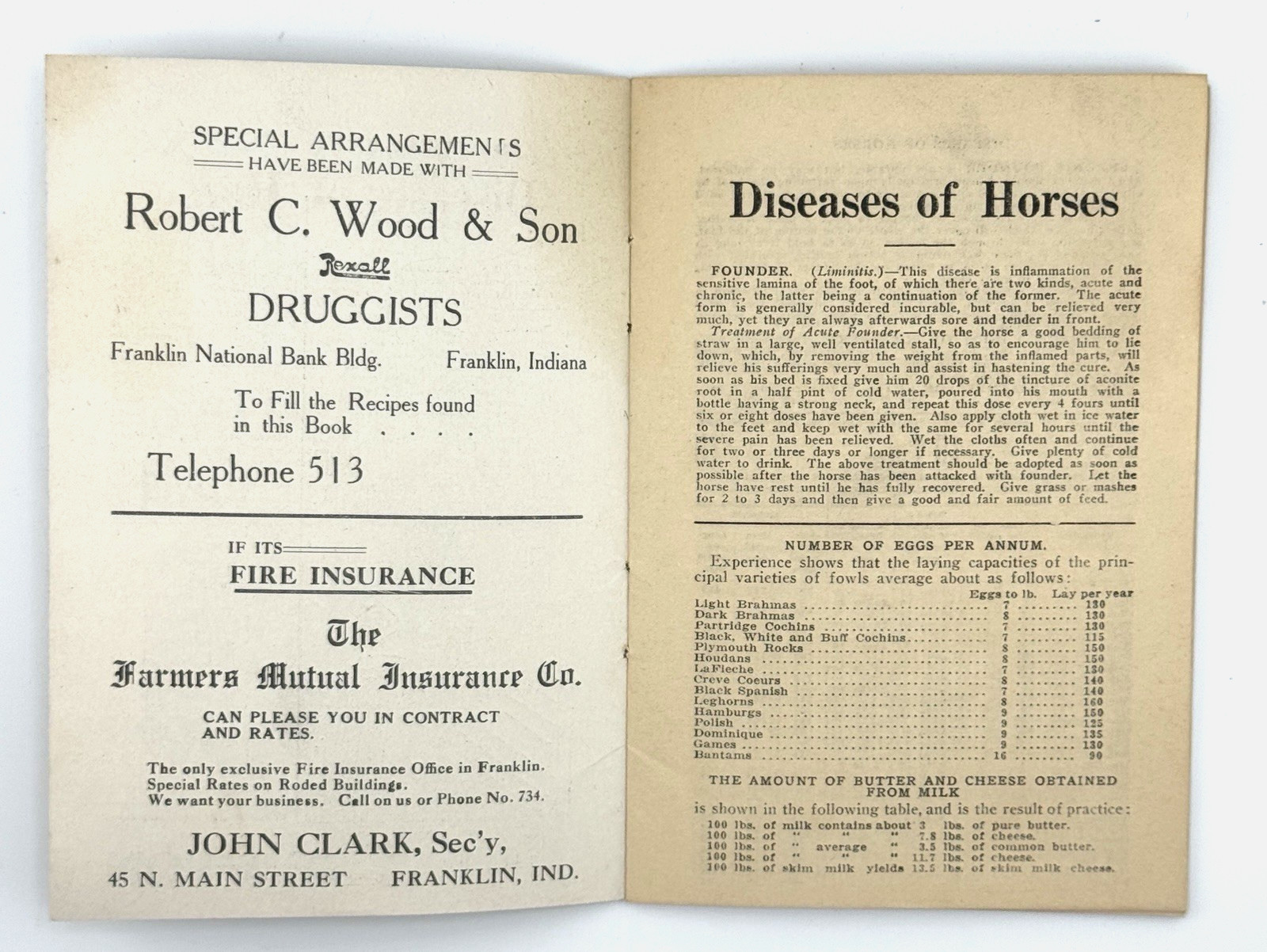 Vintage Farmer’s Handbook Franklin National Bank Indiana Cures Horses Farm Info