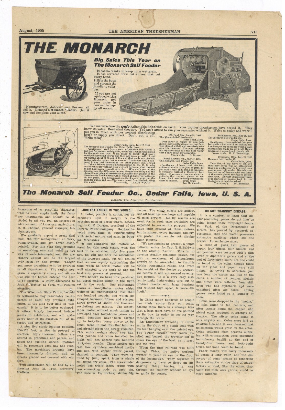1905 Monarch Self Feeder Co. Ad: Adjustable Belt Guide – Cedar Falls, Iowa