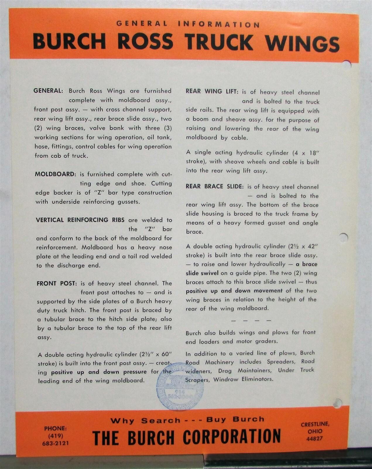 1974 Burch Snow Wings Specifications Construction Sales Data Sheet
