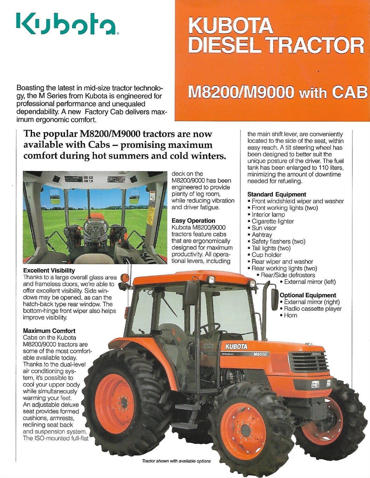 Farm Tractor Data Sheet – Kubota – M8200 M9000 with Cab – c1999 Brochure (F8373)