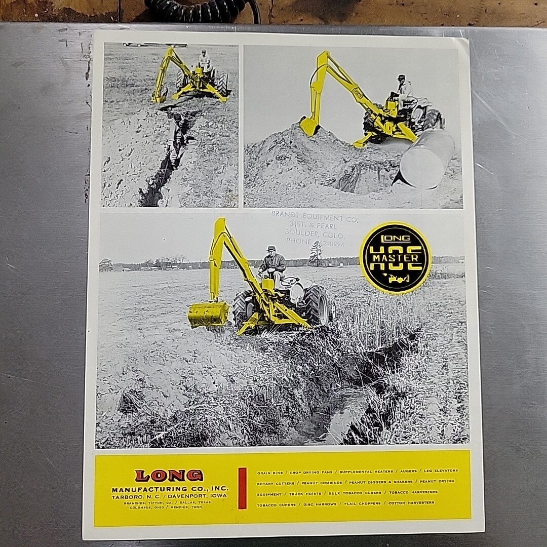 LONG Hoe-Master Rear Mount Tractor Backhoe. Vintage 1960s Farm Ad Sales Brochure