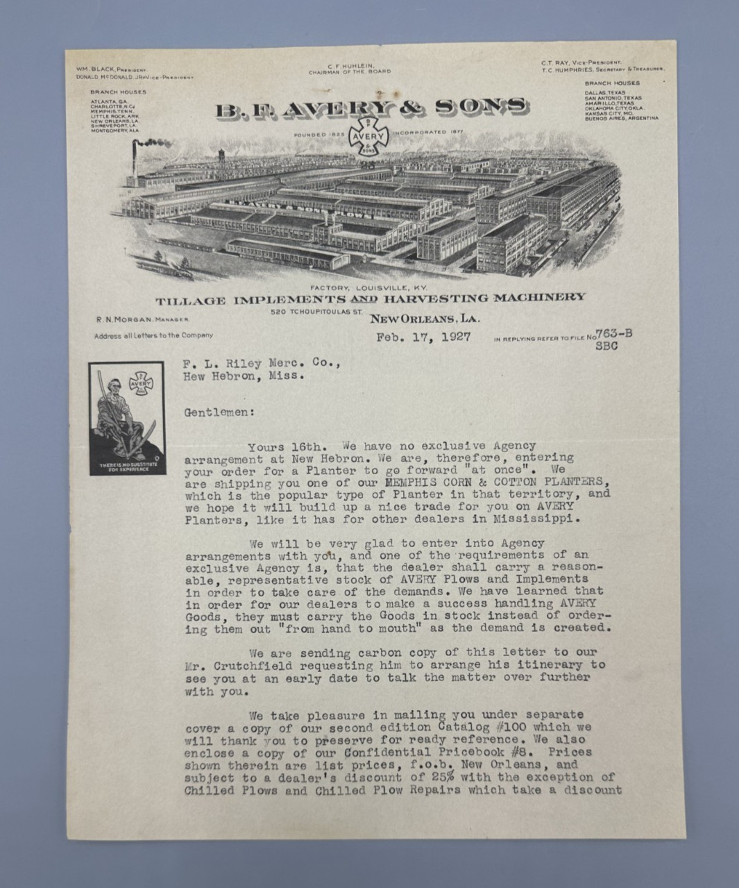 1927 B F AVERY & Sons Letter FARM Advertising NEW ORLEANS LA Antique