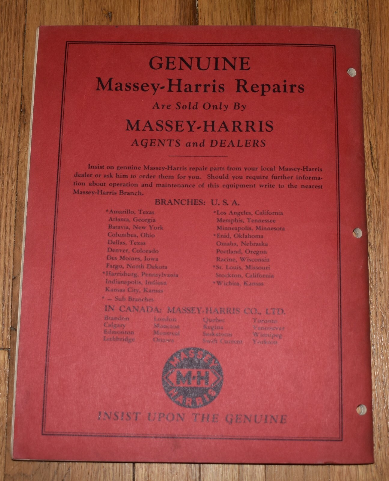 Vintage MASSEY HARRIS No 50 Farm Clipper Combine Parts List