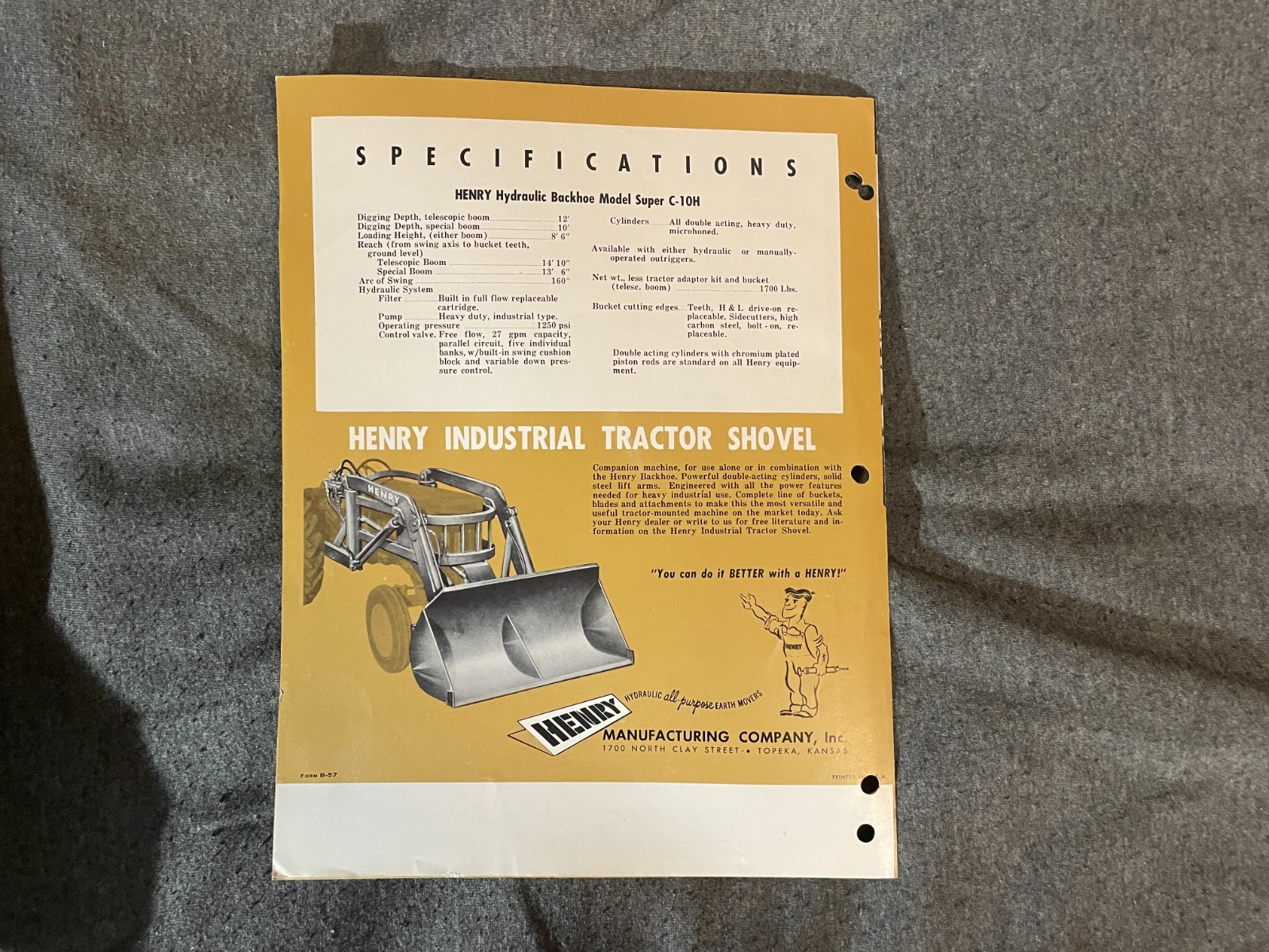 1950’s Henry Hydraulic Backhoe Tractors Super C 10H Brochure Vintage 4 Pages