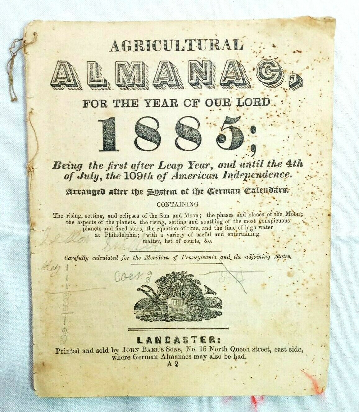 Vintage 1885 John Bear Baer’s Agricultural Almanac Antique Farmers Lancaster PA
