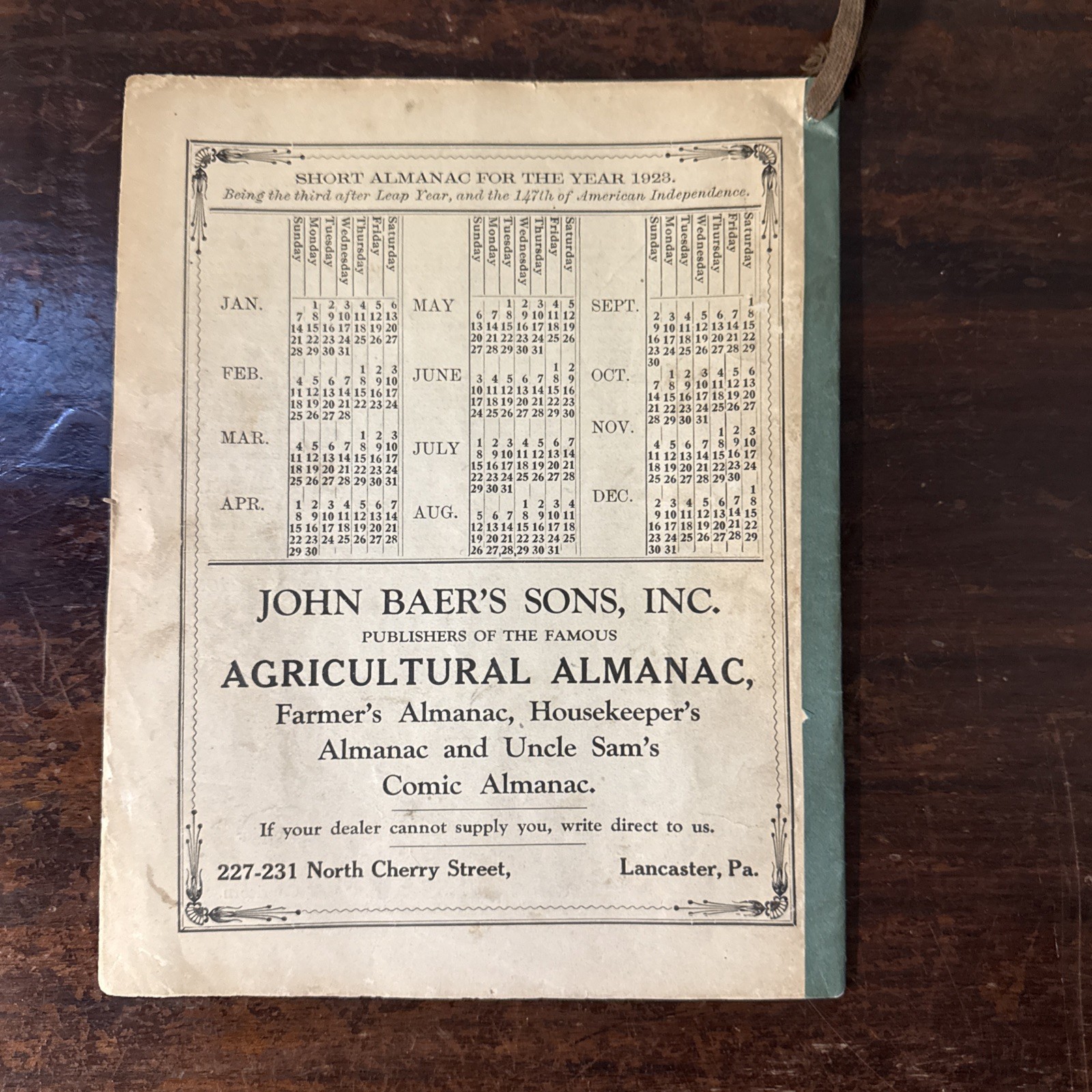 Vintage John Baer’s Agricultural Almanacs dated 1919, 1923 & 1929 Lancaster PA