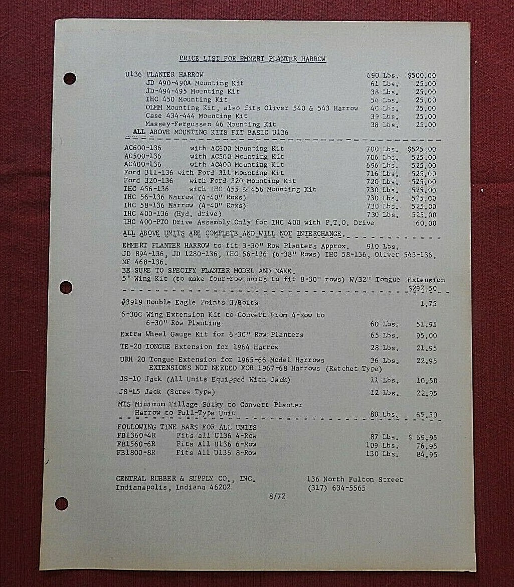 1972 U136 PLANTER HARROW FARM IMPLEMENT SALES CATALOG EMMERT MFG CO AUDUBON IOWA